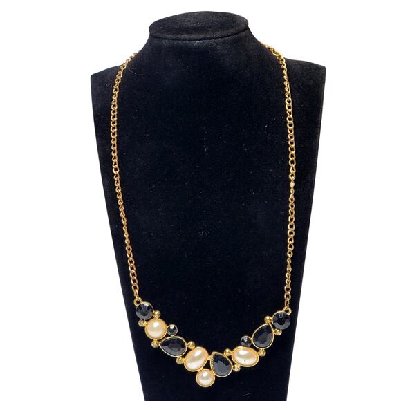 Faux Pearl Cabochon Gold Tone Necklace 16" Unsigned Chunky - Picture 1 of 5